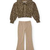 Completo bambina con felpa corta zip animalier e pantalone beige a zampa