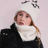 Set cappello e scaldacollo bianco soffice con fiocchi neri per bambina