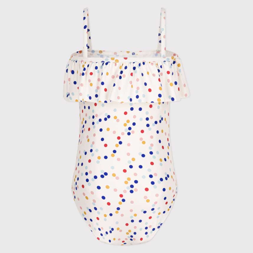 
One-piece swimsuit from the Petit Bateau Girls' Clothing Line with polka dot flounces. A colorfu...