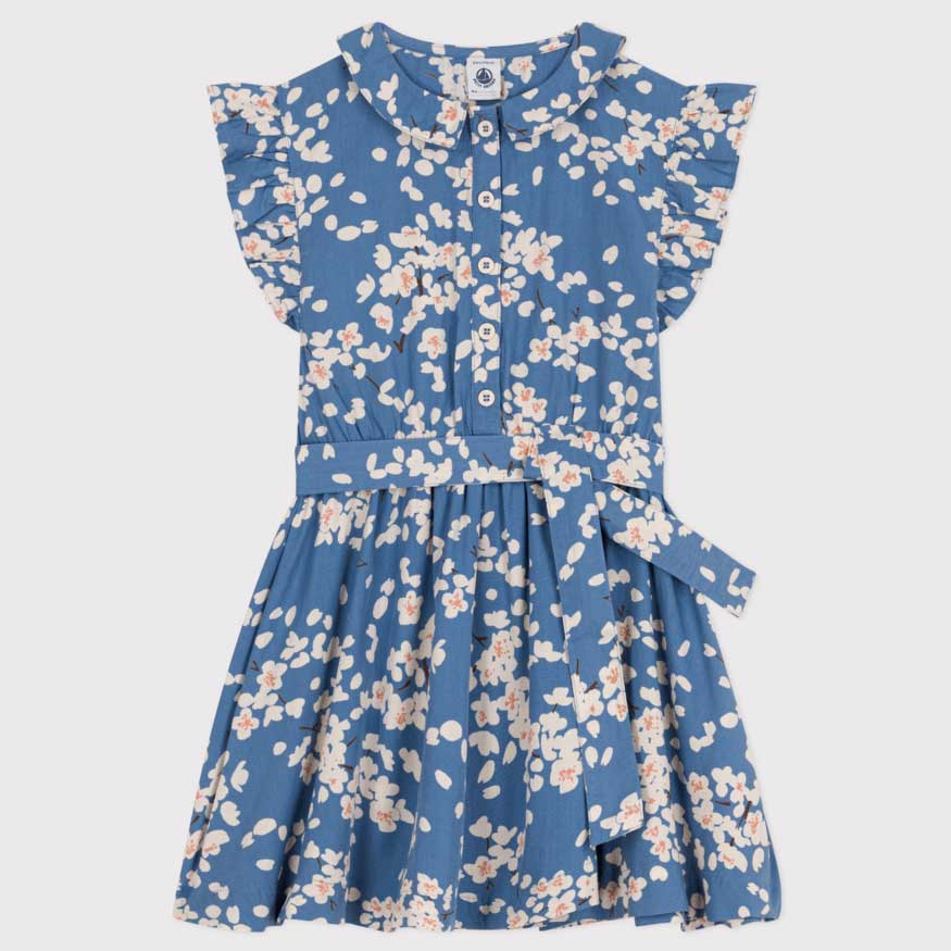 
Sleeveless dress from the Petit Bateau girls' clothing line in poplin, with collar, ruffled slee...