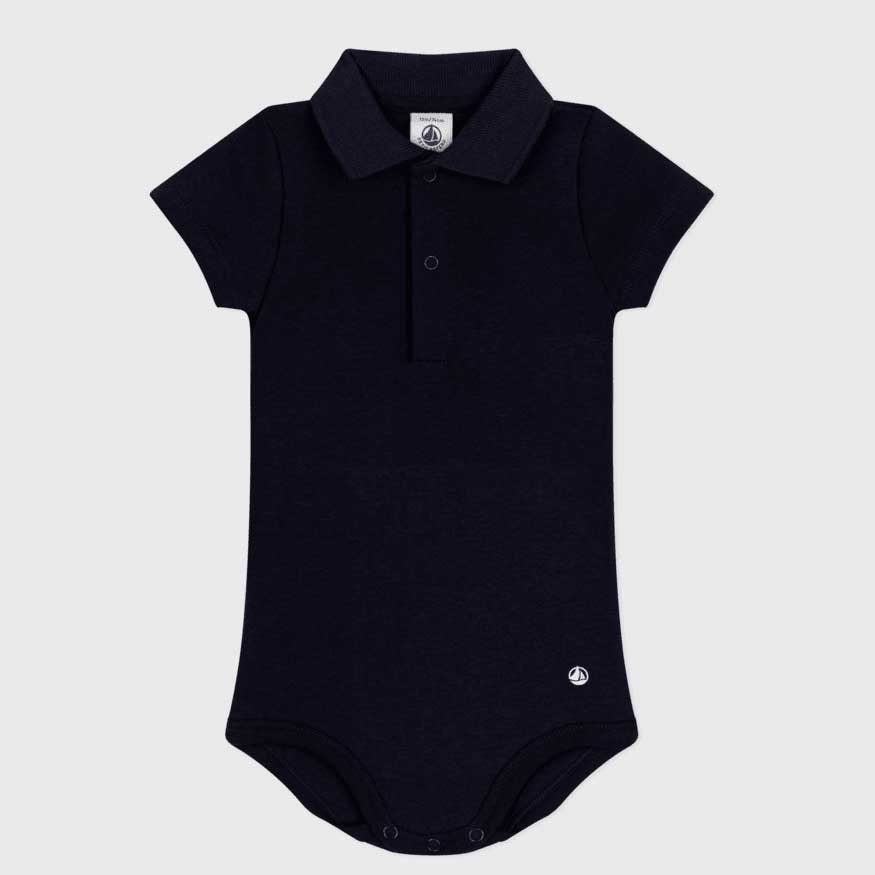 
Short-sleeved ribbed bodysuit from the Petit Bateau children's clothing line with polo collar.
S...