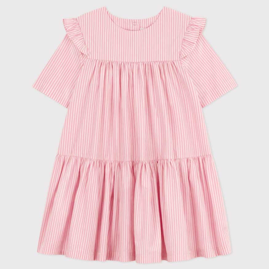 
Short-sleeved poplin dress from the Petit Bateau Girls' Clothing Line with stripes, with ruffles...