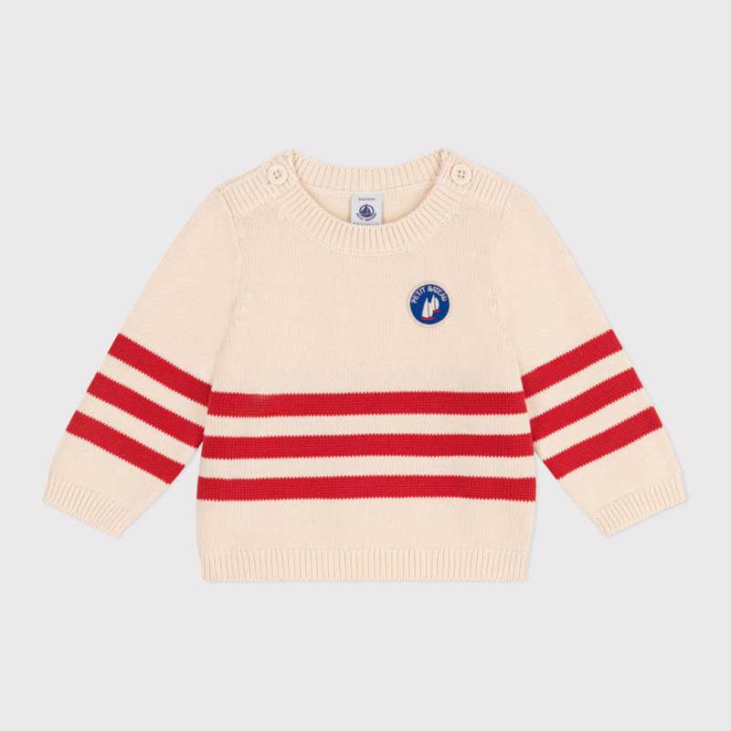 Pullover della Linea Abbigliamento Bambino Petit Bateau in maglia di cotone a righe applicate e s...