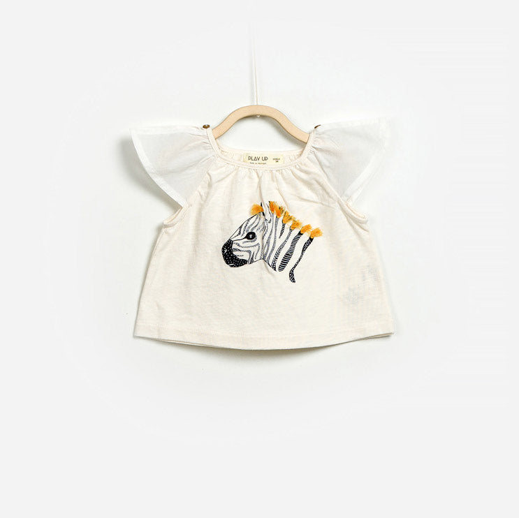 T-shirt de la ligne vêtements fille Play Up avec manches volantées et belle impression colorée su...