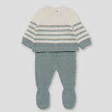 Set neonato maglia a righe bianca e verde acqua con pantalone verde acqua con piedini