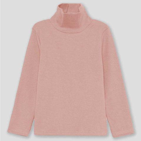 Maglia rosa a collo alto in tessuto a coste per bambina con maniche lunghe