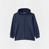 Felpa blu navy con zip frontale e cappuccio, tasche a marsupio per bambino
