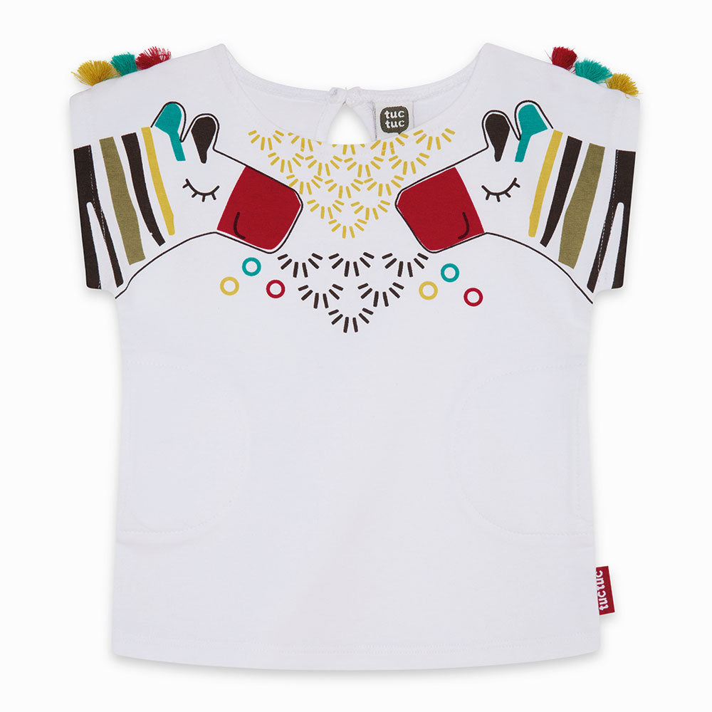 T-shirt de la Ligne Vêtements Fille Tuc Tuc avec pompons sur les épaules et impression colorée su...