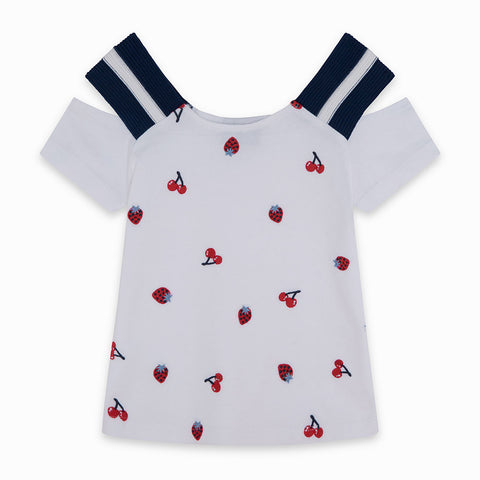 T-shirt corta bianca con fantasia di frutta per bambina, spalline calate in stile navy.