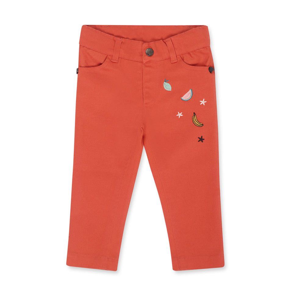 Pantalon en tissu denim de la Ligne Vêtements Fille Tuc Tuc, avec broderies de fruits colorés sur...
