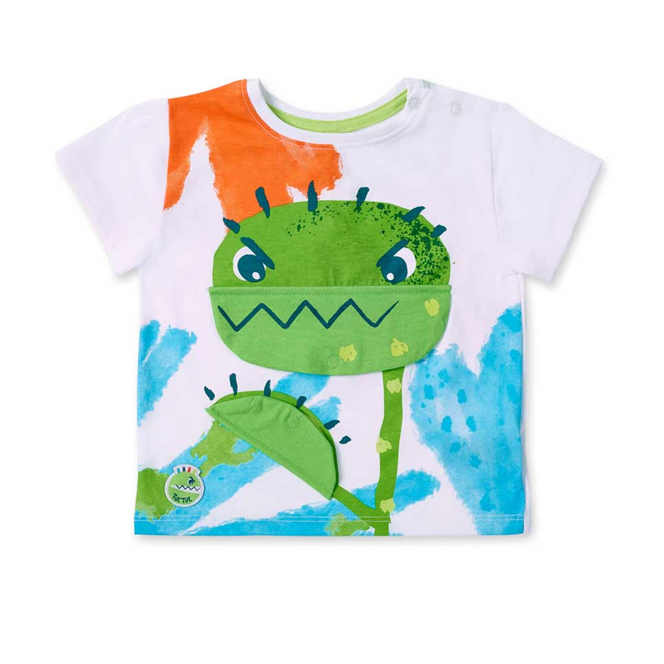 Short-sleeve T-shirt from the Tuc Tuc Children's Clothing Line, with fabric appliqués attached wi...