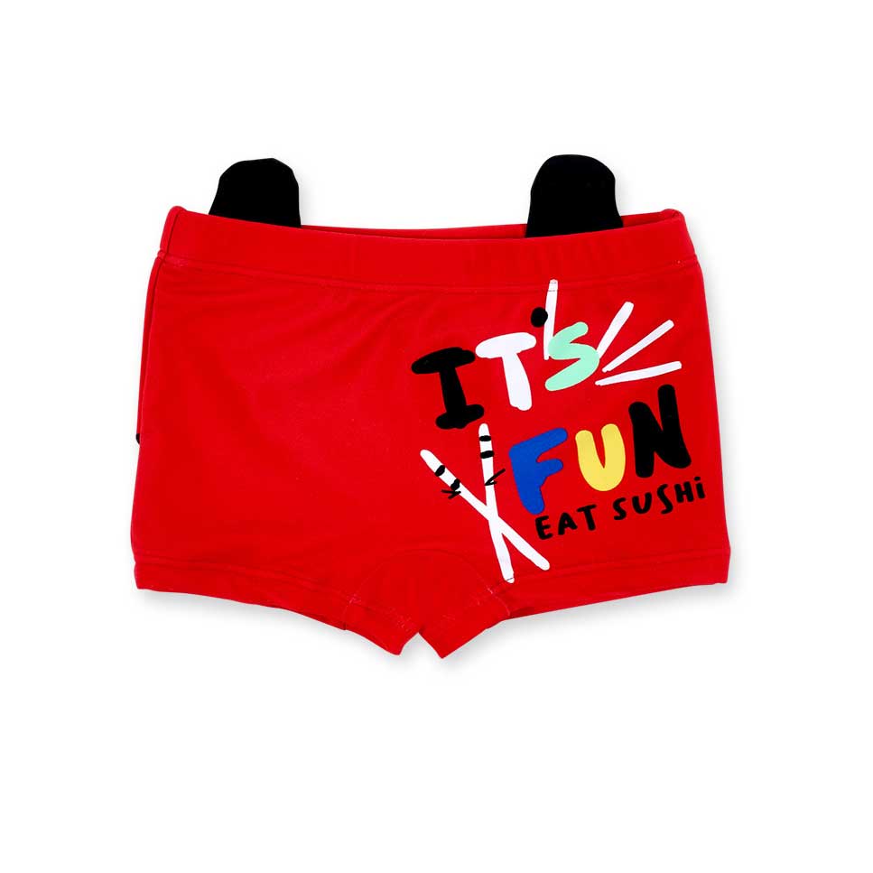 Boxer brief swimsuit from the Tuc Tuc Children's Clothing Line with a colorful print on the front...