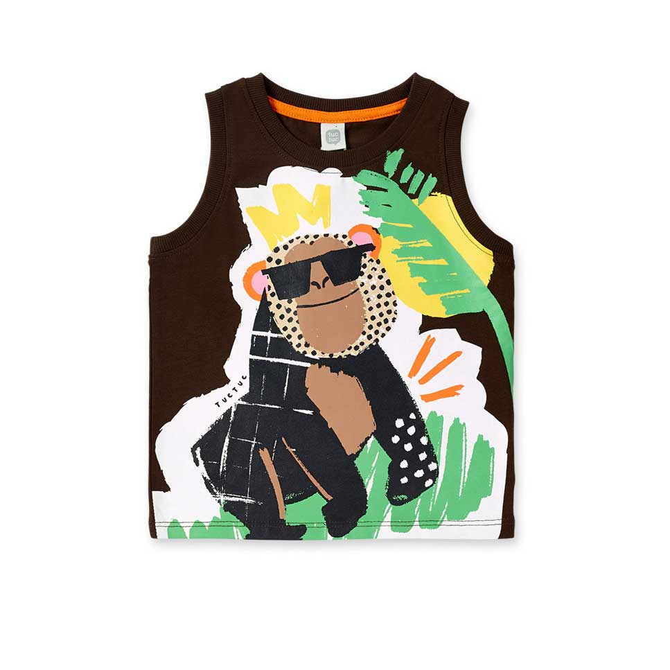 Canotta from the Tuc Tuc Children's Clothing Line, with safari print on a dark background.Composi...