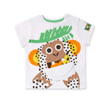 Maglietta bianca per bambini con stampa colorata di un animale.