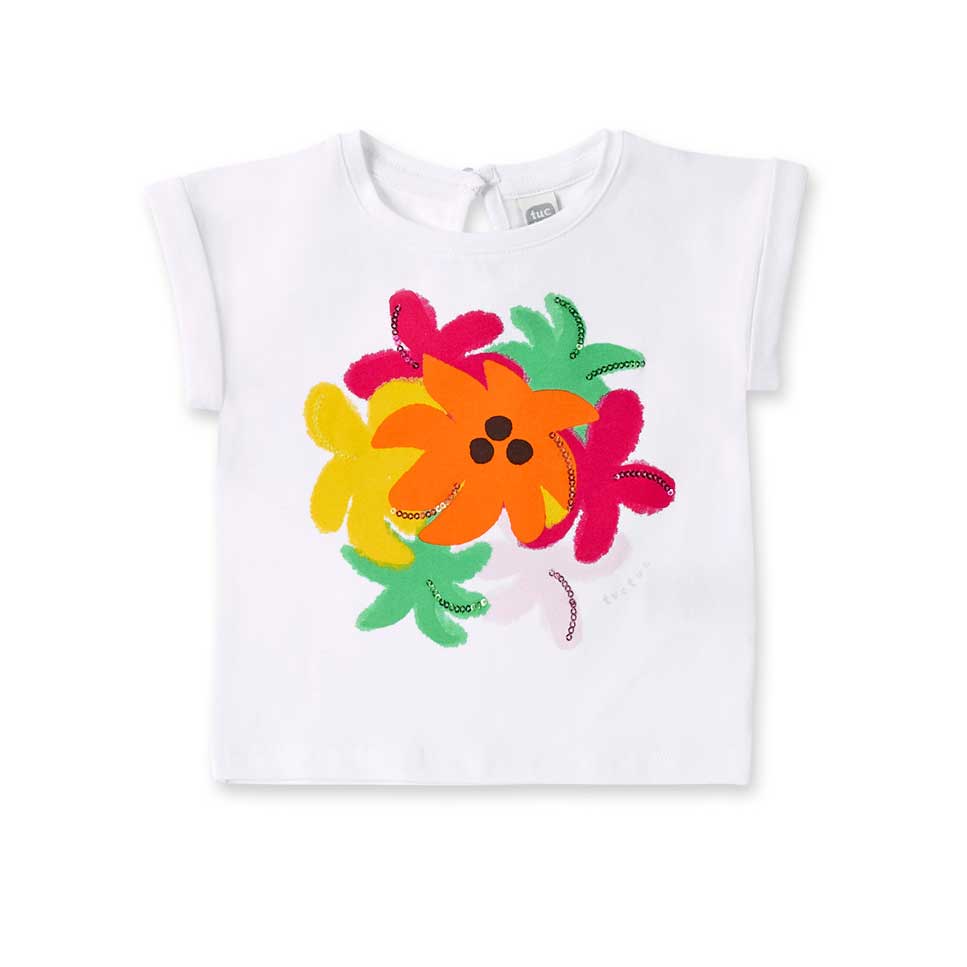 
Top della Linea Abbigliamento Bambina Tuc Tuc, con risvoltini sulle spalline e paillettes applic...