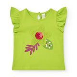 T-shirt verde con maniche a ruches e applicazione floreale.