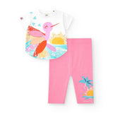 Completo di T shirt bianca con disegno colorato e leggings rosa per bambina.