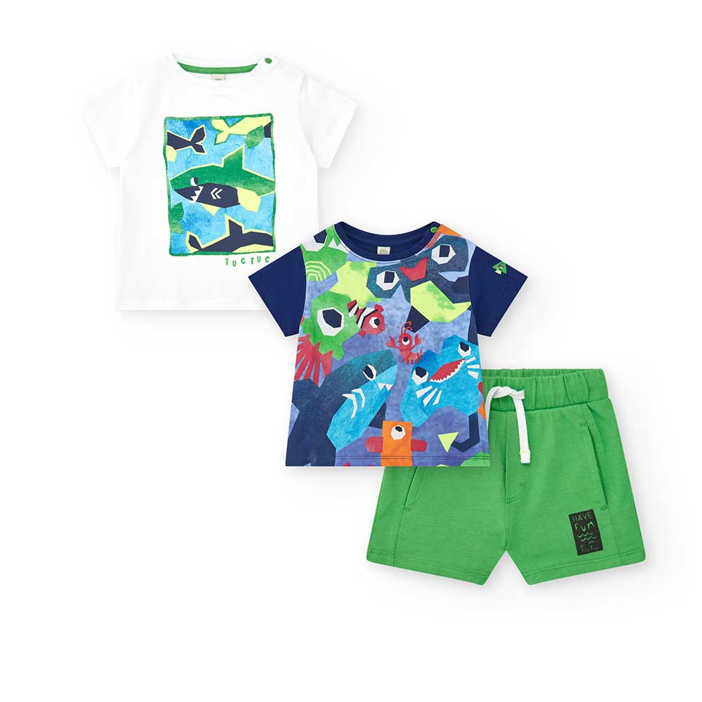 Completo trois pièces de la Ligne Vêtements Enfant Tuc Tuc, avec bermuda uni et deux t-shirts à m...