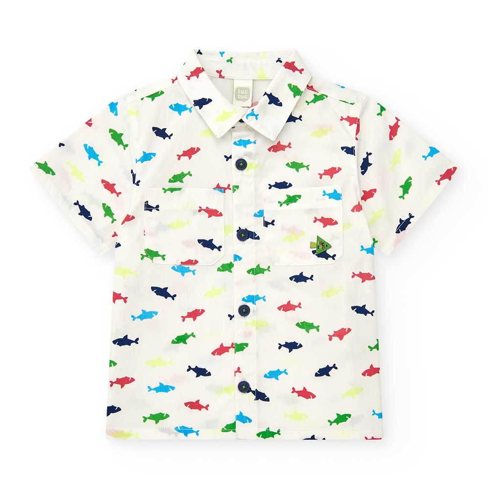 Shirt from the Tuc Tuc Children's Clothing Line, with a multicolor shark pattern. Pockets on the ...