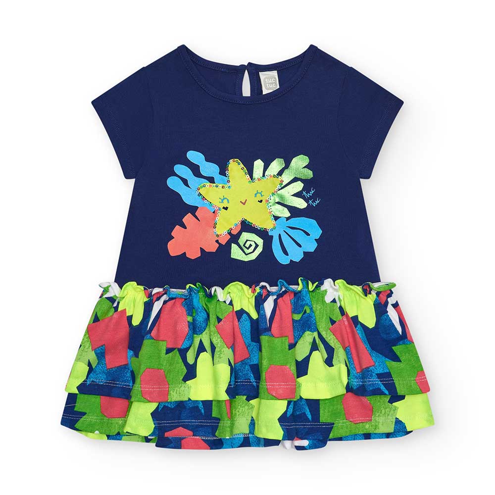 Abitino in maglina della Linea Abbigliamento Bambina Tuc Tuc, con gonna a balze con fantasia in t...