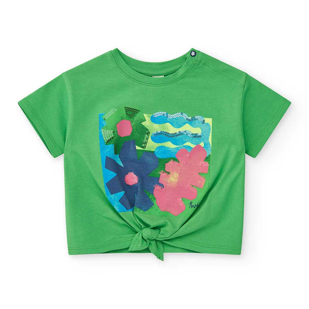 Tuc Tuc Girl's Clothing Line T-shirt, with a short knotted front design and a short print with mi...