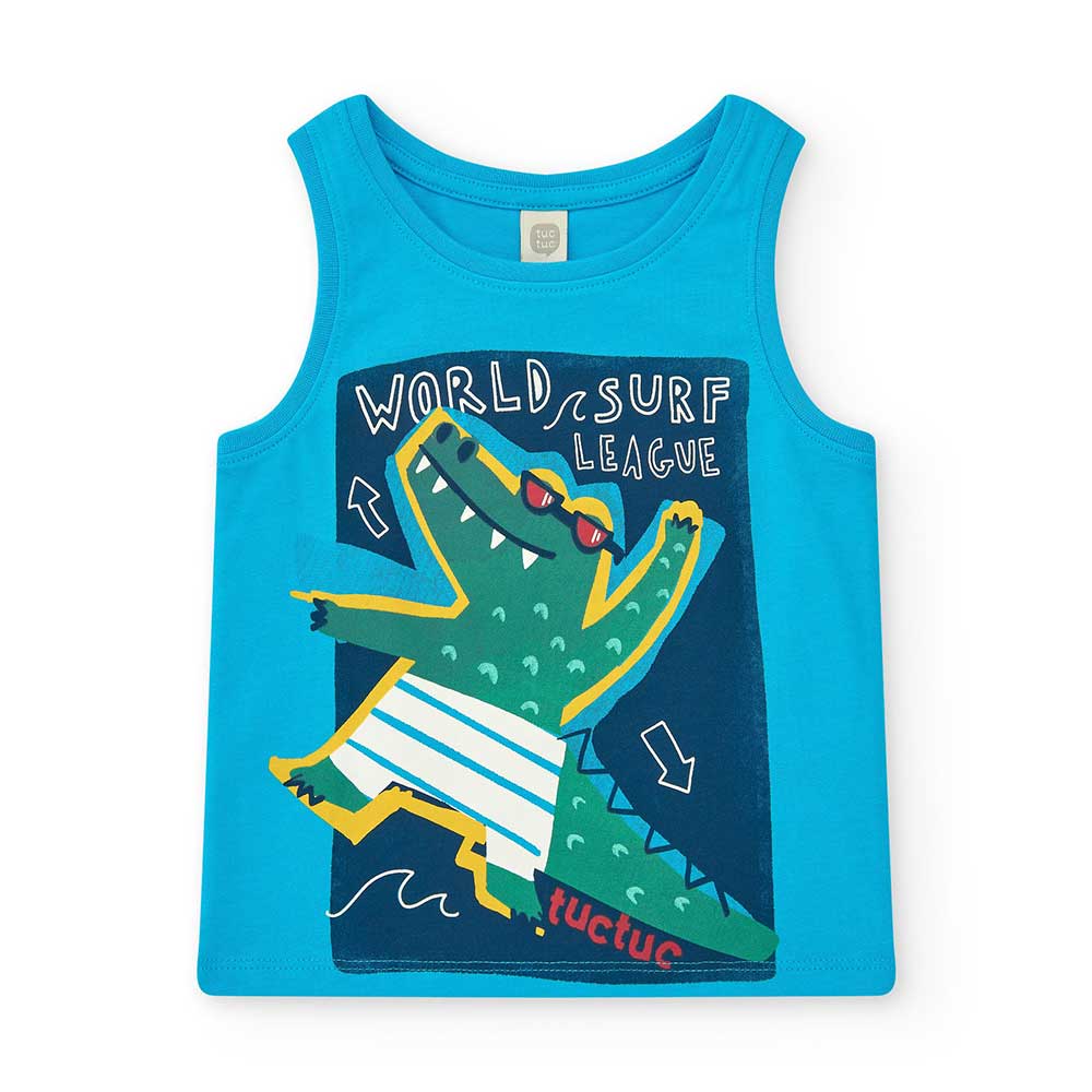 Tuc Tuc Children's Clothing Line beach tank top, with a crocodile print on the front on a light b...