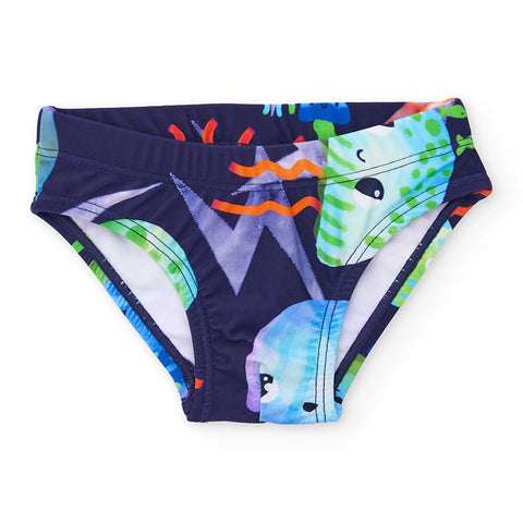 Costume da bagno per bambini con motivi colorati di pesci.