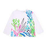 T-shirt lunga bianca con stampa marina multicolor per bambina.