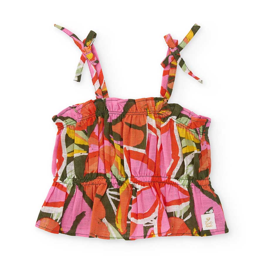 Top della Linea Abbigliamento Bambina Tuc TUc, in misto lino con fantasia floreale a colori caldi...