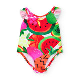 Costume da bagno per bambina con stampe colorate di frutta.