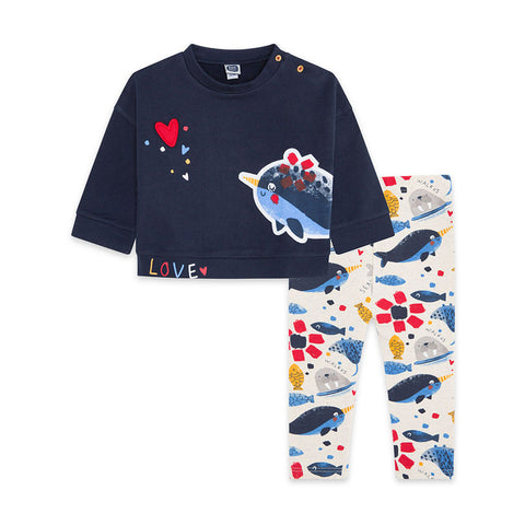 Completo felpa blu e leggings con fantasia pesci per bambine.