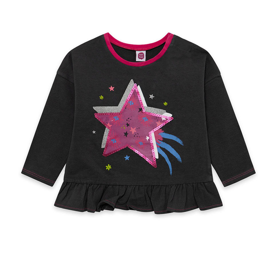 T-shirt à manches longues de la ligne Vêtements Fille Tuc Tuc, avec volant sur le bas et applicat...