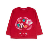 T-shirt a manica lunga rossa con stampa colorata per bambina.