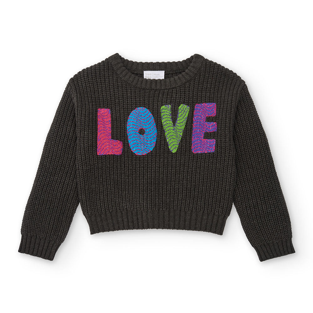 Pull de la ligne Vêtements Fille Tuc Tuc, avec un modèle court boxy et une inscription en relief ...