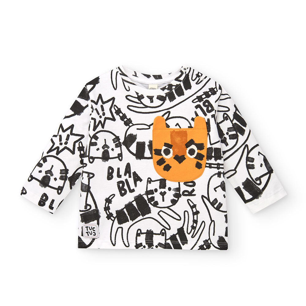 Tuc Tuc Children's Clothing Line T-shirt, with an all-over black cartoon pattern on white. 
Compo...