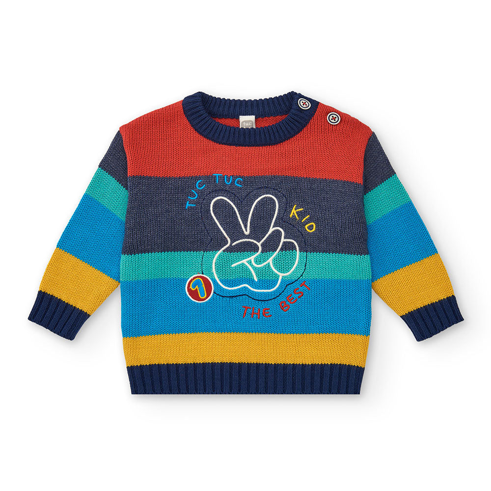 Pull de la ligne Vêtements Enfant Tuc Tuc, avec motif à rayures et petites broderies sur le devan...