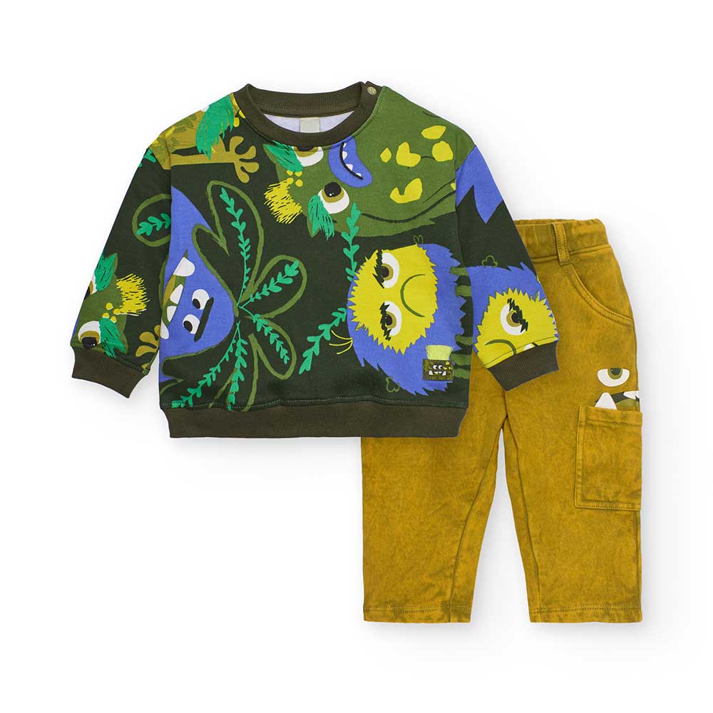 Two-piece suit from the Tuc Tuc Children's Clothing Line, with a multicolored patterned sweatshir...