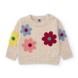 Maglione bambino beige con grandi fiori colorati ricamati su davanti e maniche