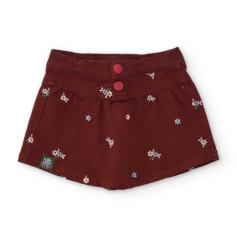 Gonna cotone rossa borgogna con piccoli fiori azzurri e rosa, due bottoni rossi sulla vita alta