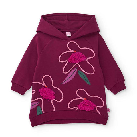 Vestito felpa con cappuccio borgogna con decorazioni floreali rosa e verdi