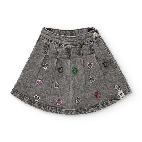 Gonna jeans grigia plissé con cuoricini colorati ricamati per bambina