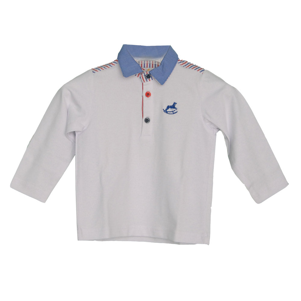 
  Polo shirt from the children's clothing line Ambarabà. Solid colour with denim collar.
  Strip...