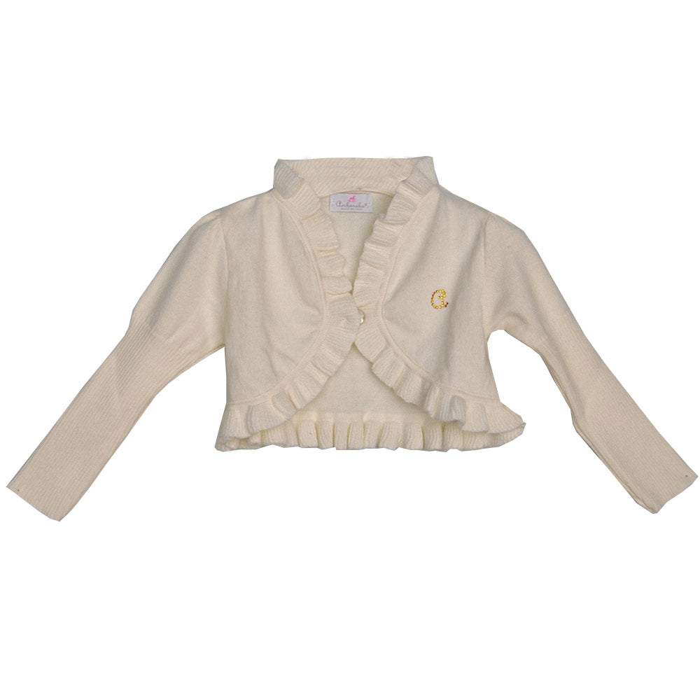 
  Heart warmer from the Ambarabà girl's clothing line, solid color with curls
  on the finishes....