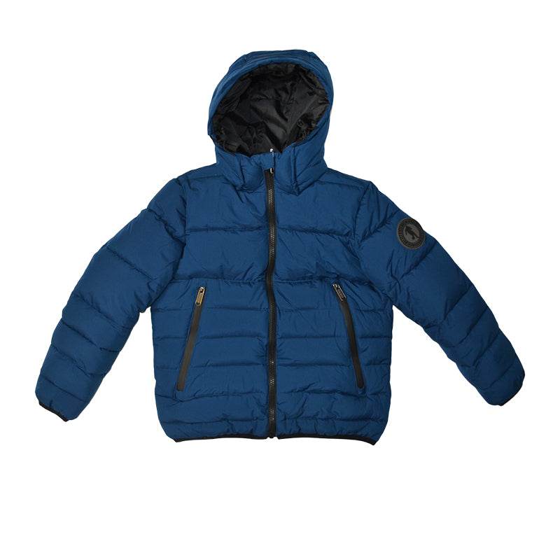 Petrol colored jacket from the Bikkembergs children's clothing line, with hood and ecological pad...