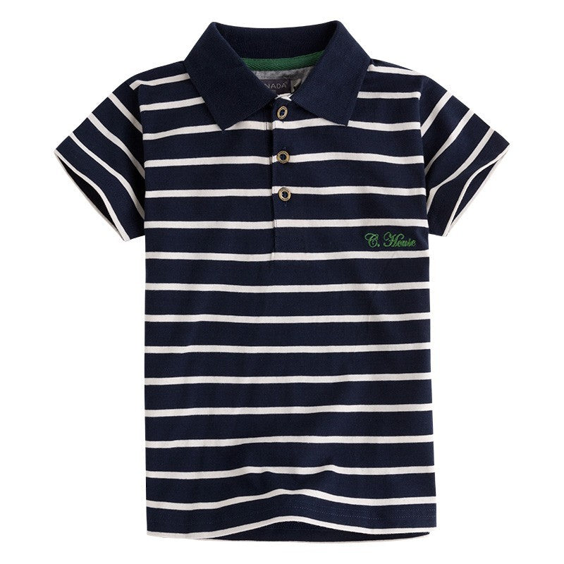 
  Short-sleeved polo shirt from the Baby Clothing Canada House line in navy blue with
  horizont...