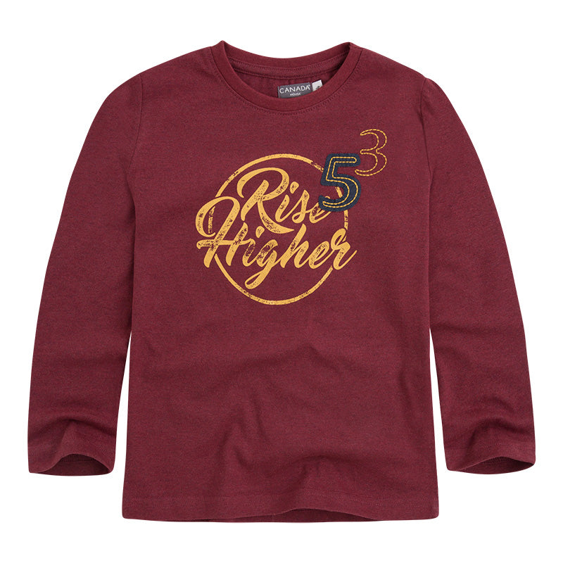 
  Long-sleeved T-shirts from the canada house children's clothing line with print
  on the front...