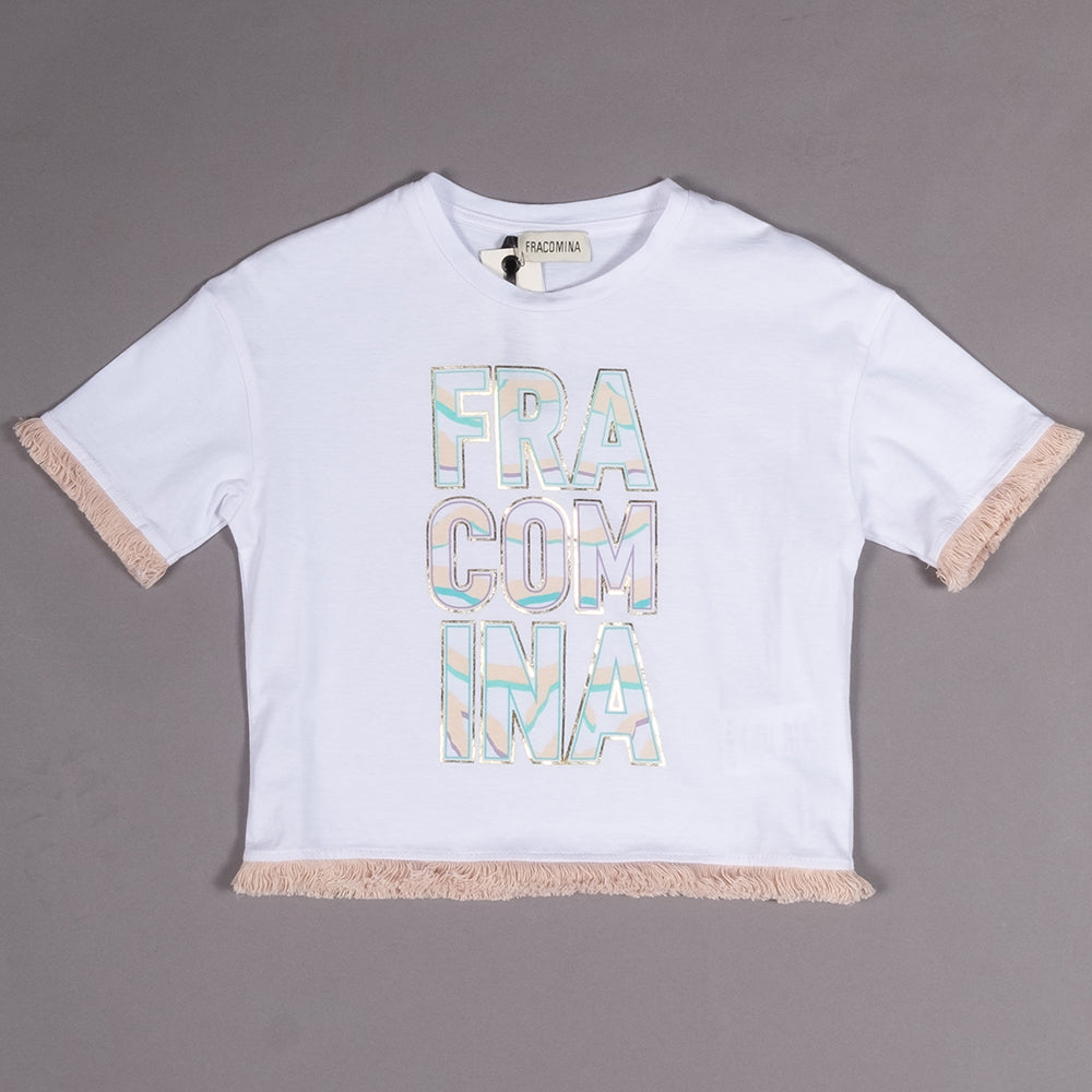 
T-shirt from the Clothing Line Bambina Fracomina, with coloured print on the front and fringes o...