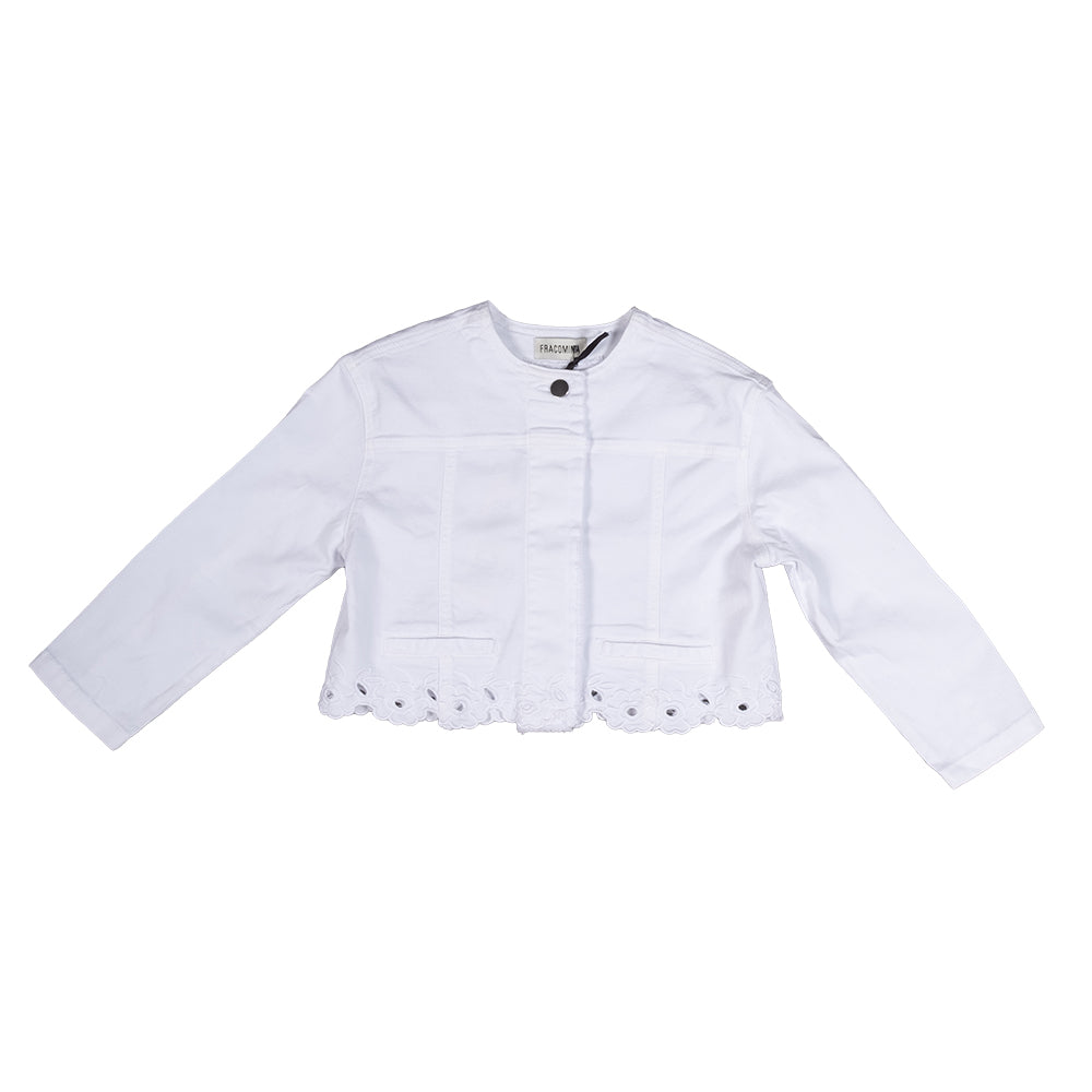 
Jeans jacket of the Clothing Line Bambina Fracomina, with embroidery on the bottom and round nec...