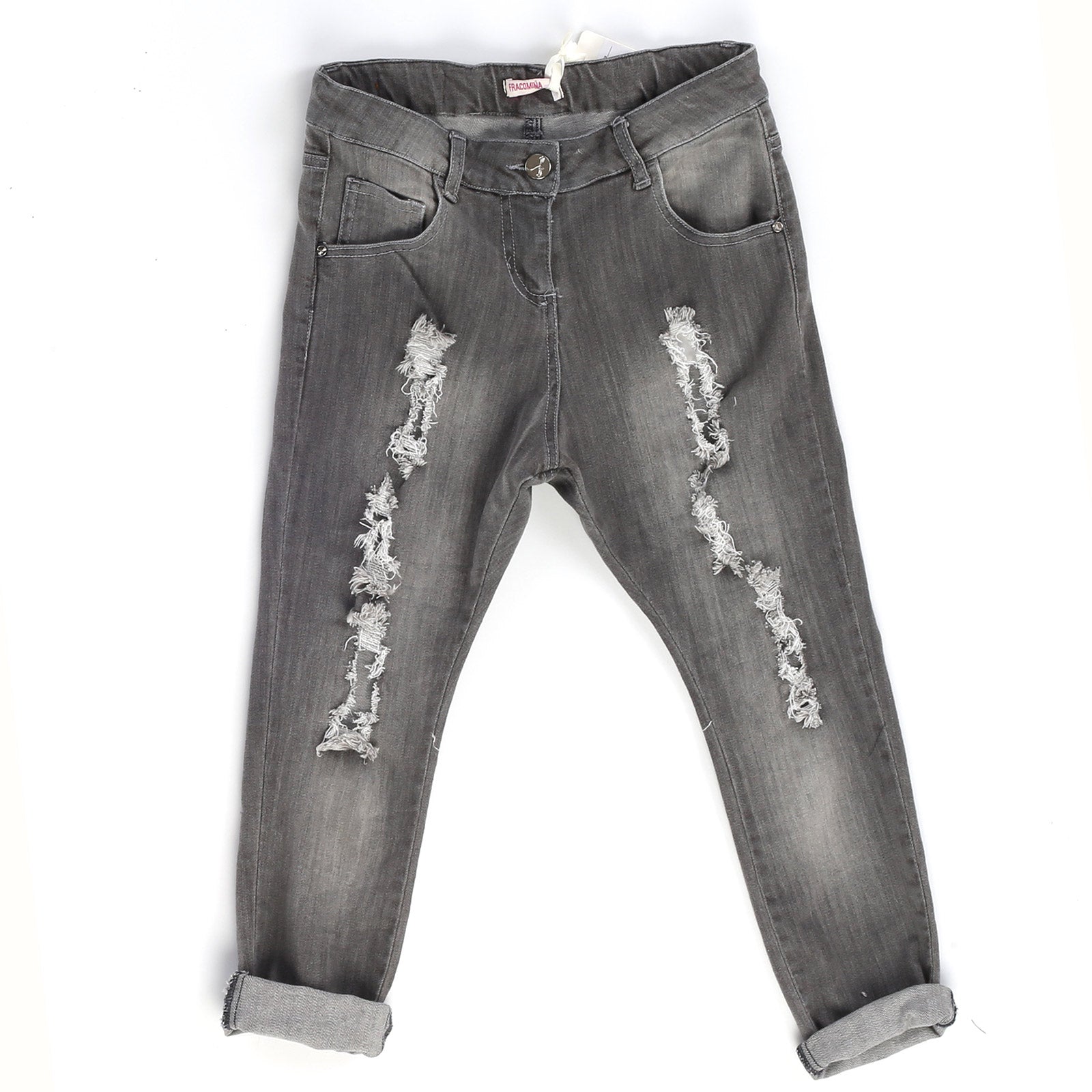 
  Jeans trousers from the girls' clothing line Fracomina Mini, with low crotch
  and tears on th...
