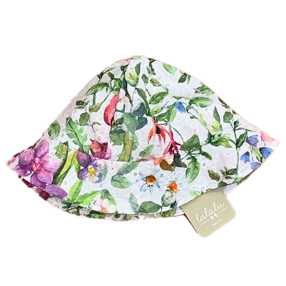 
Bucket hat from the Lalalù Children's Clothing line, in brightly colored perforated lace.

Compo...